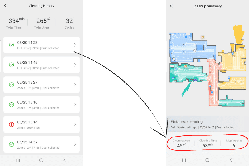 Cleaning history is viewed in the Roborock S7 MaxV Ultra App.